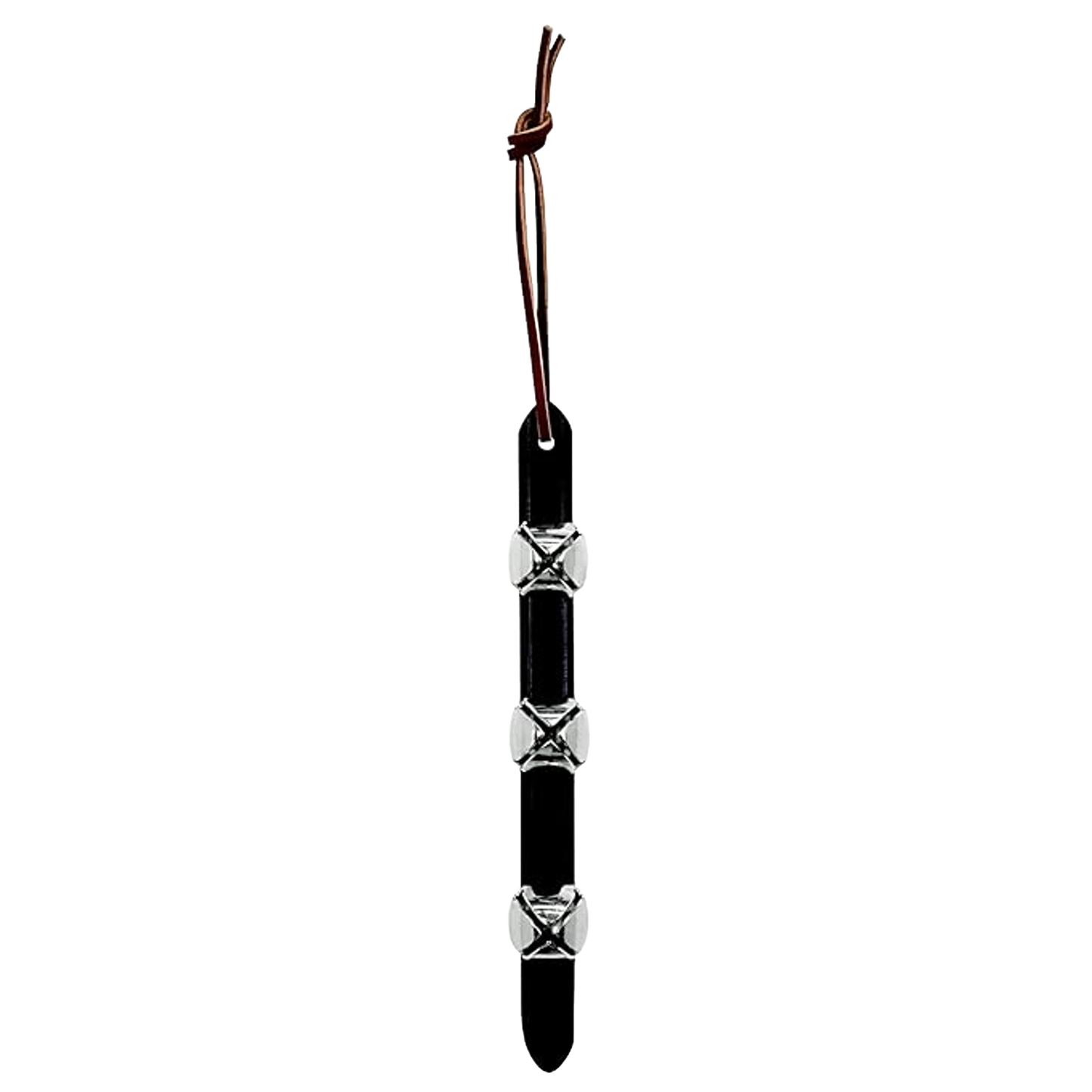 Handcrafted hanger featuring three silver-tone sleigh bells mounted on a black leather strap with a leather tie, perfect for holiday decor in Home & Decor, USA Made, and Best Sellers collections.