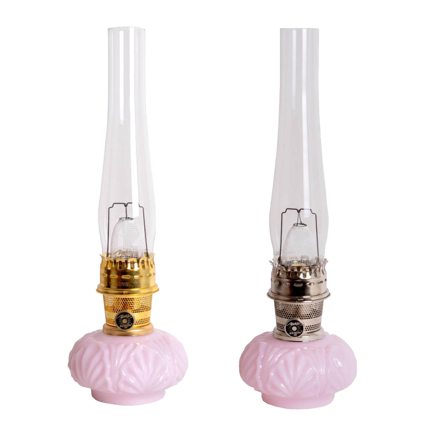 Pair of limited edition vintage-style oil lamps with delicate pink Tuscan glass bases, tall clear chimneys, featuring handcrafted metal hardware, ideal for Lamps & Lighting collections.