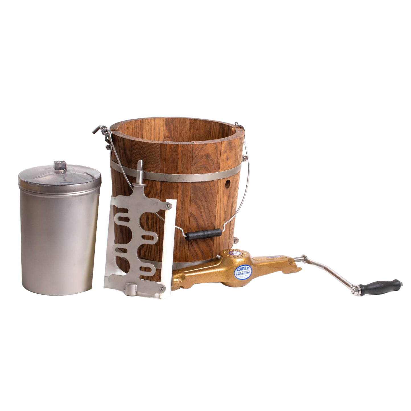 Handcrafted Amish-made wooden ice cream freezer with metal bands, a durable hand crank, and a metal container, crafted in USA for Kitchen & Food and Specialty Equipment collections.