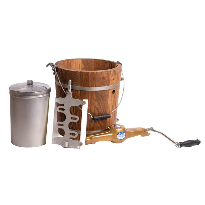 Handcrafted Amish-made wooden ice cream freezer with metal bands, a durable hand crank, and a metal container, crafted in USA for Kitchen & Food and Specialty Equipment collections.