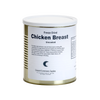 Cylindrical metal can with white label displaying uncooked freeze-dried chicken breasts, showcasing long shelf life and handcrafted preservation, ideal for emergency food supplies and kitchen essentials.