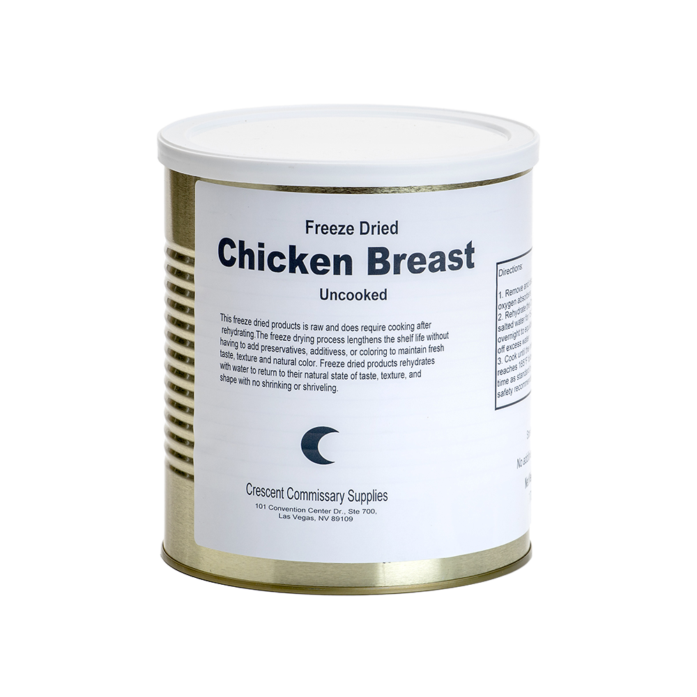 Cylindrical metal can with white label displaying uncooked freeze-dried chicken breasts, showcasing long shelf life and handcrafted preservation, ideal for emergency food supplies and kitchen essentials.