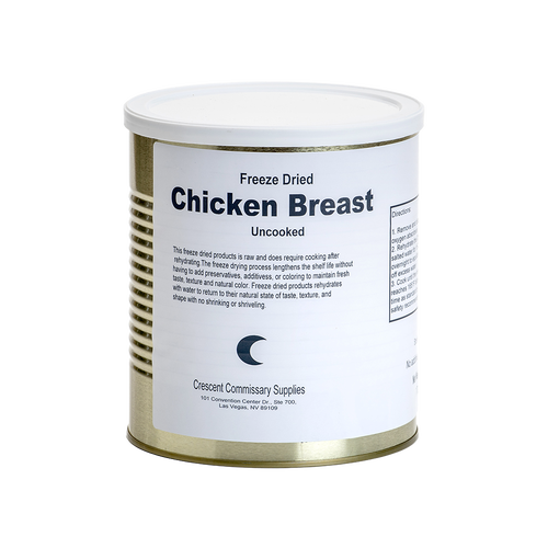 Cylindrical metal can with white label displaying uncooked freeze-dried chicken breasts, showcasing long shelf life and handcrafted preservation, ideal for emergency food supplies and kitchen essentials.