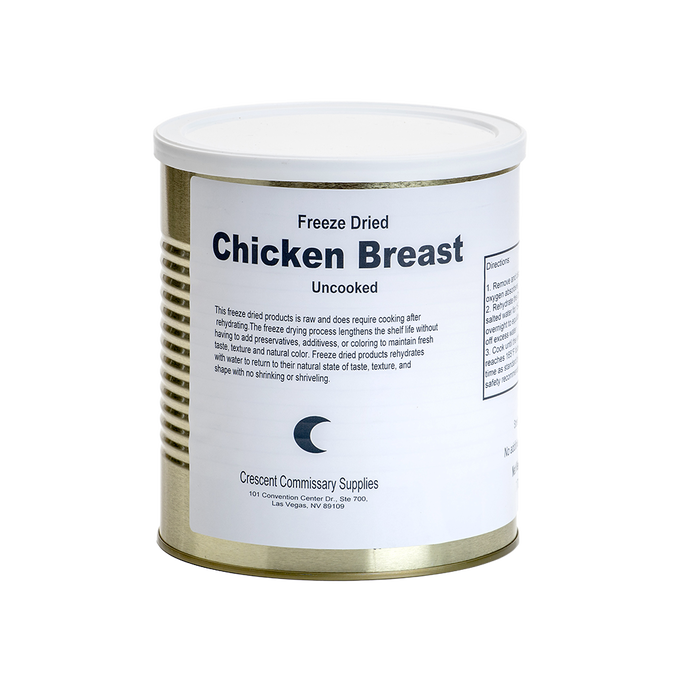 Cylindrical metal can with white label displaying uncooked freeze-dried chicken breasts, showcasing long shelf life and handcrafted preservation, ideal for emergency food supplies and kitchen essentials.