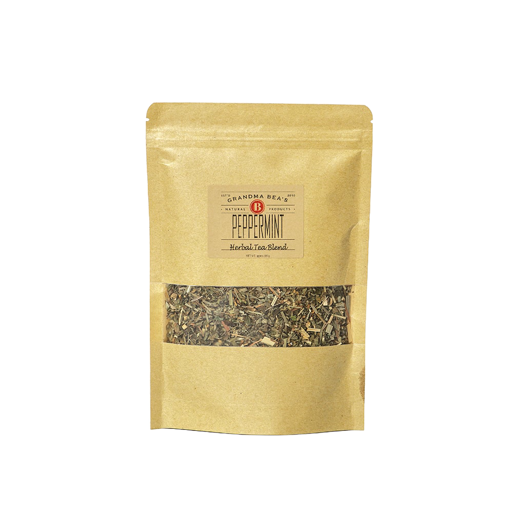 Resealable kraft paper bag containing handcrafted peppermint loose leaf herbal tea blend, made in USA, ideal for Kitchen & Food, Brewing Coffee and Tea, USA Made, Best Sellers, and Promo Eligible collections.