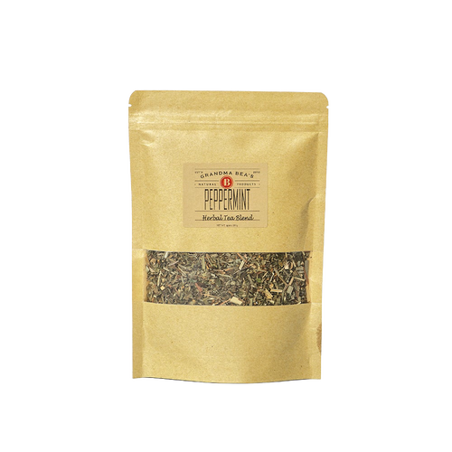 Resealable kraft paper bag containing handcrafted peppermint loose leaf herbal tea blend, made in USA, ideal for Kitchen & Food, Brewing Coffee and Tea, USA Made, Best Sellers, and Promo Eligible collections.