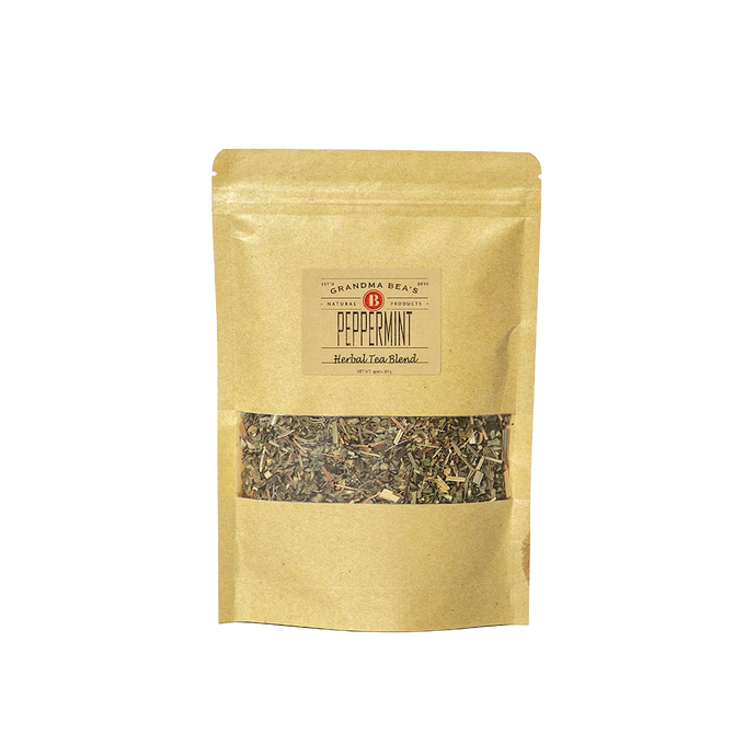 Resealable kraft paper bag containing handcrafted peppermint loose leaf herbal tea blend, made in USA, ideal for Kitchen & Food, Brewing Coffee and Tea, USA Made, Best Sellers, and Promo Eligible collections.