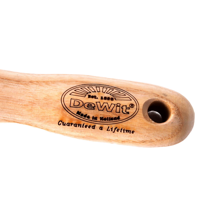 Close-up of a smooth natural wood handle engraved with DeWit logo, lifetime guarantee, and made in Holland, part of a handcrafted garden hand hoe in Farm, Garden & Tool and Garden Accessories collections.