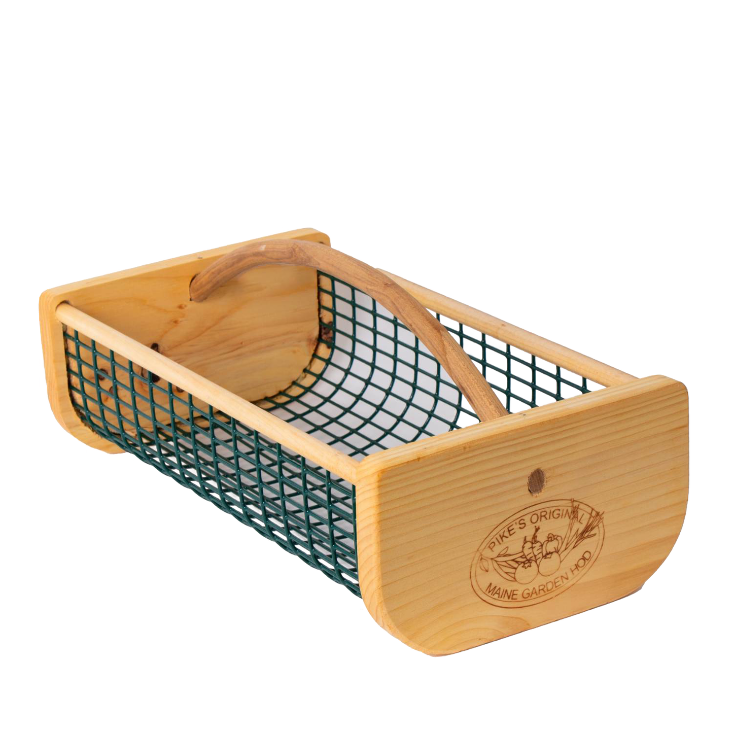 Handcrafted Maine Garden Hod with solid wooden ends and curved handle, featuring green wire mesh sides for washing and carrying harvests, part of Farm, Garden & Tool, USA Made, and Best Sellers collections.