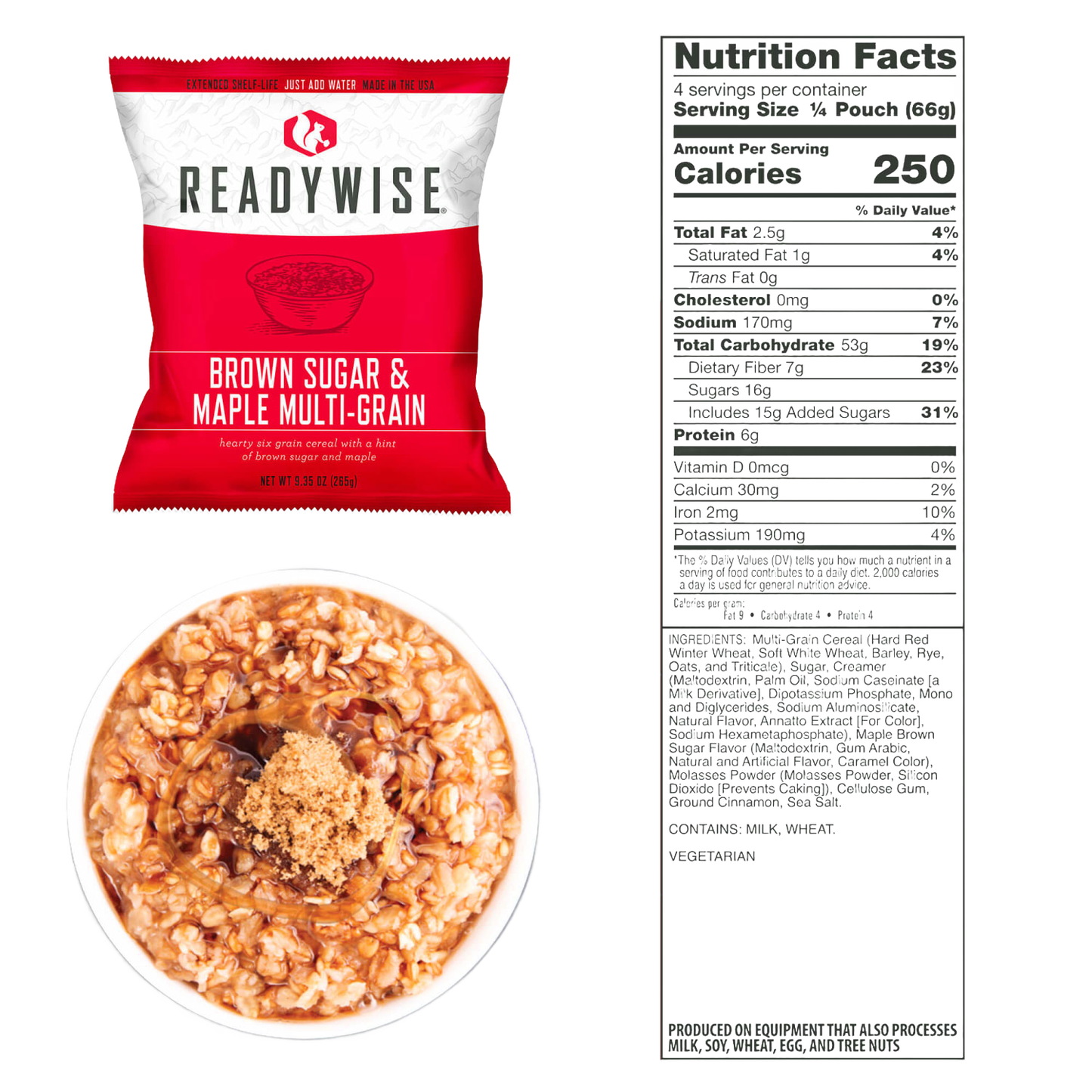 ReadyWise Brown Sugar & Maple Multi-Grain cereal packet with a bowl of prepared cereal topped with brown sugar, accompanied by detailed nutrition facts, suitable for emergency supplies and pantry collections.