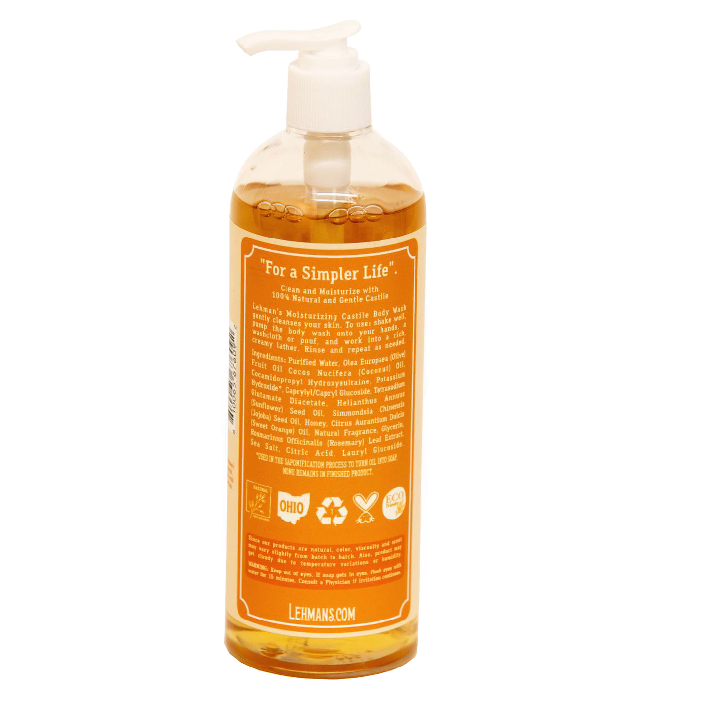 Clear plastic bottle of Lehman's handcrafted castile moisturizing body wash with natural liquid soap in warm amber tone, featuring pump dispenser and detailed ingredient label, made in USA and part of Health & Wellness, Grooming and Personal Hygiene collections.