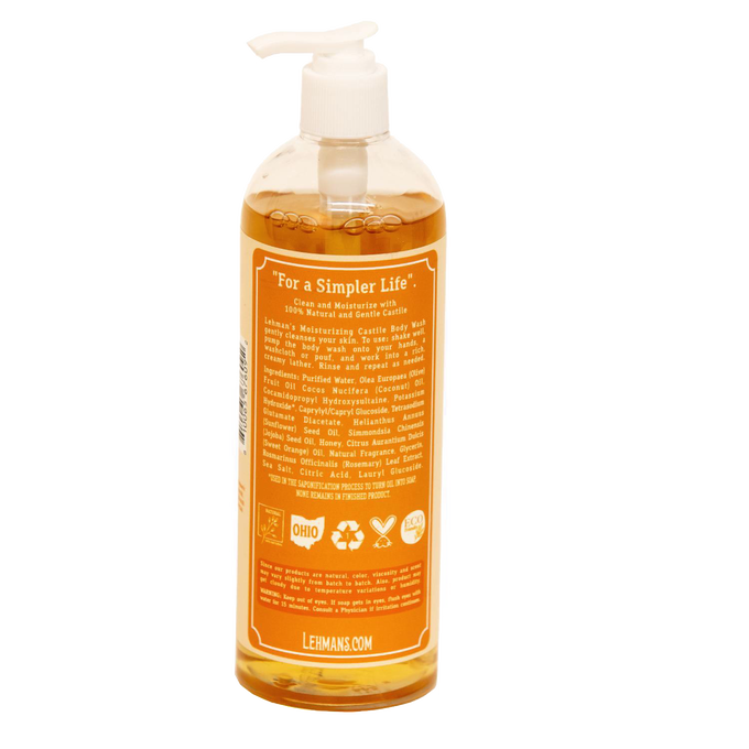 Clear plastic bottle of Lehman's handcrafted castile moisturizing body wash with natural liquid soap in warm amber tone, featuring pump dispenser and detailed ingredient label, made in USA and part of Health & Wellness, Grooming and Personal Hygiene collections.