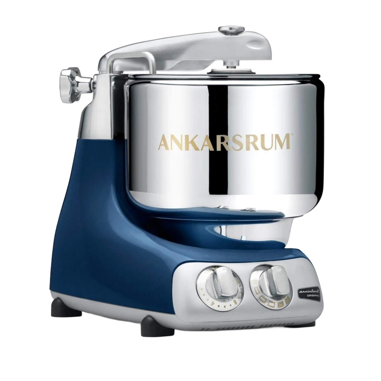Blue and stainless steel stand mixer featuring a rotating bowl and dual dials, crafted for serious baking tasks; ideal for Kitchen & Food, Baking Supplies, Cookware, and Bread Making collections.