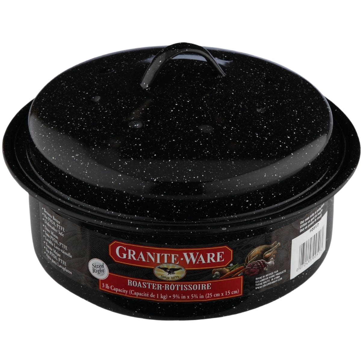 Black speckled enamelware roaster with matching lid, designed for even heating and juicy roasting, featured in Kitchen & Food, Cookware, Pots and Pans, and Best Sellers collections.