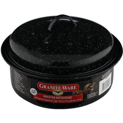 Black speckled enamelware roaster with matching lid, designed for even heating and juicy roasting, featured in Kitchen & Food, Cookware, Pots and Pans, and Best Sellers collections.
