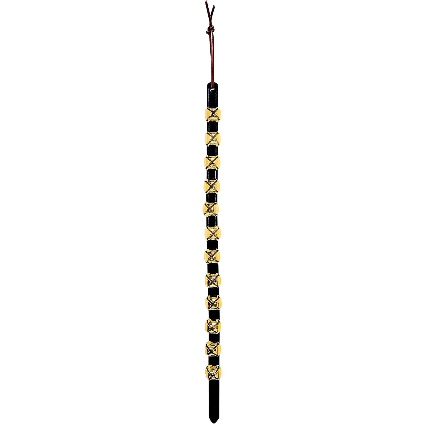 Long handcrafted hanger featuring multiple brass sleigh bells mounted on a black leather strap with a leather tie, perfect for holiday decor, USA made, and part of best sellers collections.