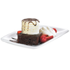 Close-up of a dessert plate featuring a stacked scoop of vanilla ice cream with chocolate drizzle on a chocolate brownie, garnished with fresh raspberries, sliced strawberries, and whipped cream, perfect for Kitchen & Food and Making Ice Cream collections.