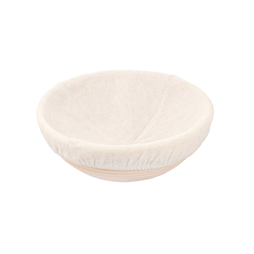 Handcrafted rattan bread proofing basket featuring a removable natural cloth liner, designed for even dough rising, ideal for Kitchen & Food, Baking Supplies, and Bread Making collections.