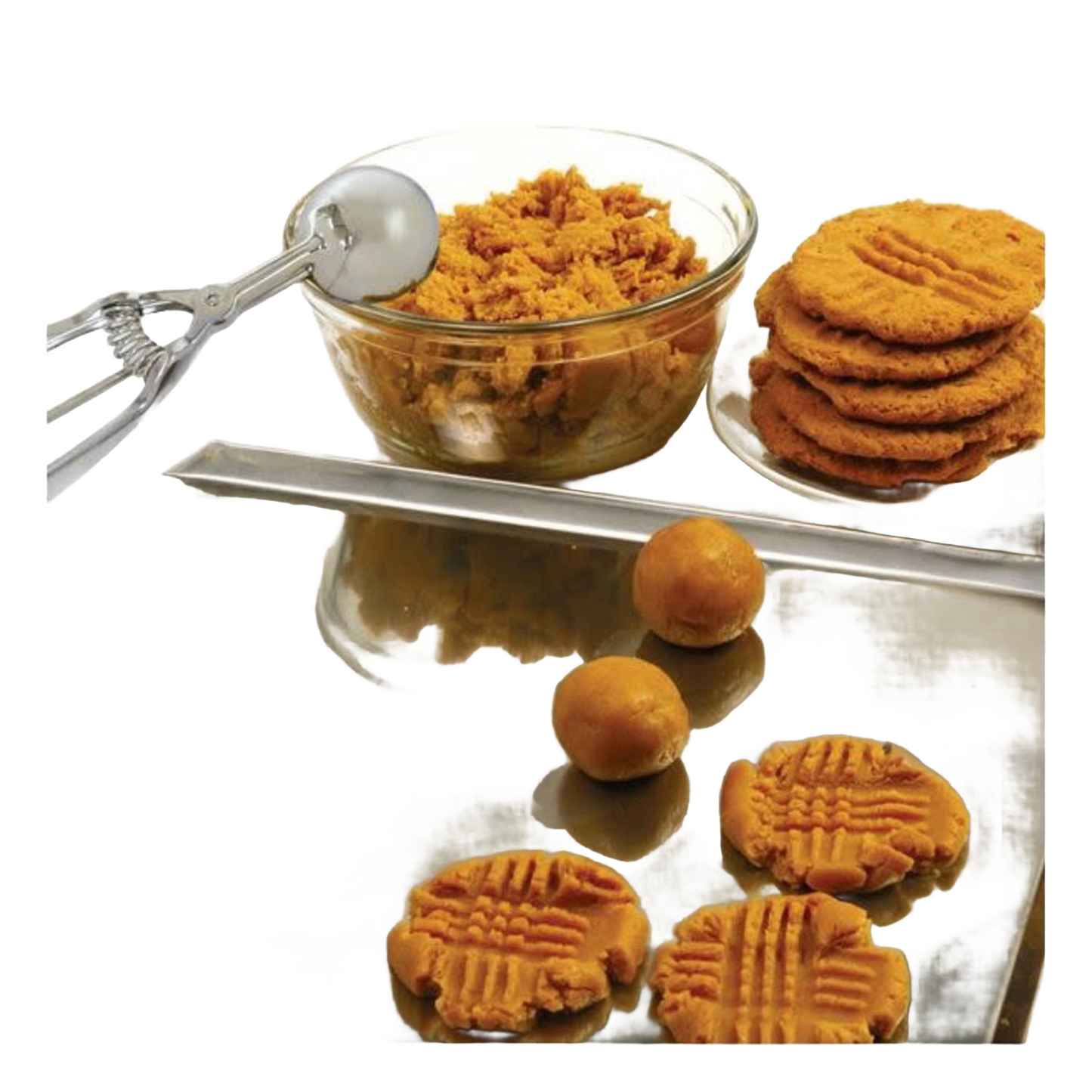 Handcrafted metal scoop with spring release next to a glass bowl of peanut butter cookie dough, freshly shaped dough balls, and baked cookies on a reflective surface, ideal for Kitchen & Food, Cookware, Baking Supplies, Kitchen Gadgets, Cooking and Baking Helpers, Best Sellers, Promo Eligible collections.