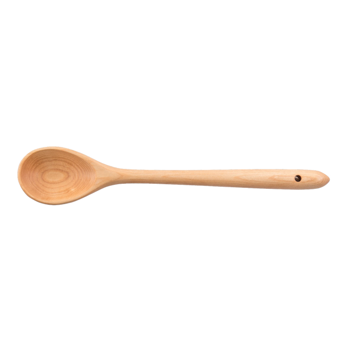 Handcrafted solid American Hard Maple wooden spoon with a smooth bowl and long handle, ideal for stirring, mixing, and serving in Kitchen & Food, Holiday Hosting, and USA Made collections.