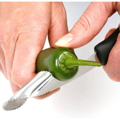 Hands using a serrated corer and slicer tool to cut and deseed a fresh green jalapeno, featured in Farm, Garden & Tool, Kitchen & Food, Knives & Axes, and Food Prep collections.