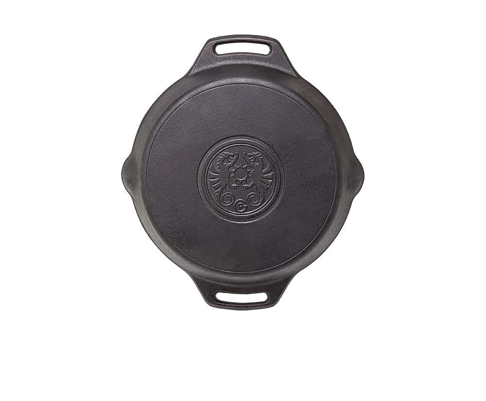 Top view of a durable cast iron fire skillet with two side handles and an embossed decorative center, perfect for Farm, Garden & Tool, Kitchen & Food, Camping, Cookware, and Cast Iron collections.