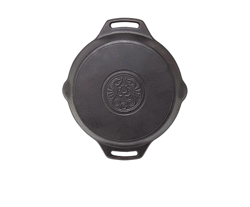 Top view of a durable cast iron fire skillet with two side handles and an embossed decorative center, perfect for Farm, Garden & Tool, Kitchen & Food, Camping, Cookware, and Cast Iron collections.