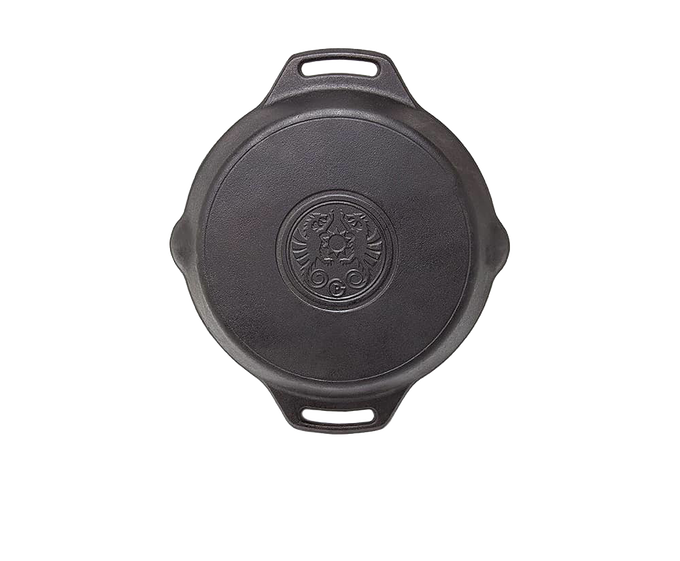 Top view of a durable cast iron fire skillet with two side handles and an embossed decorative center, perfect for Farm, Garden & Tool, Kitchen & Food, Camping, Cookware, and Cast Iron collections.