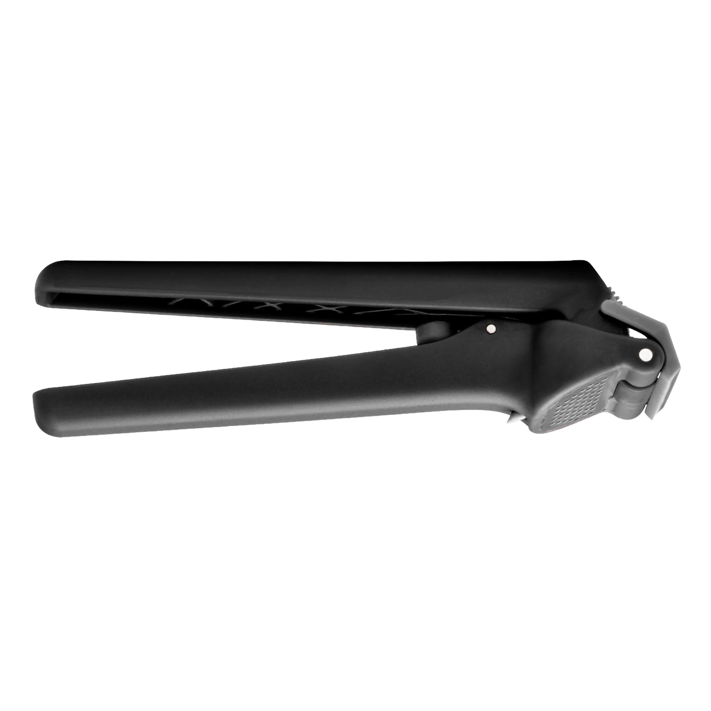 Black garlic press designed to easily mince multiple unpeeled cloves with a self-cleaning feature, ideal for Kitchen & Food, Food Prep, Choppers and Cutters, and Kitchen Gadgets collections.