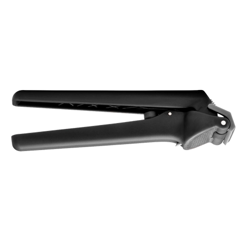 Black garlic press designed to easily mince multiple unpeeled cloves with a self-cleaning feature, ideal for Kitchen & Food, Food Prep, Choppers and Cutters, and Kitchen Gadgets collections.