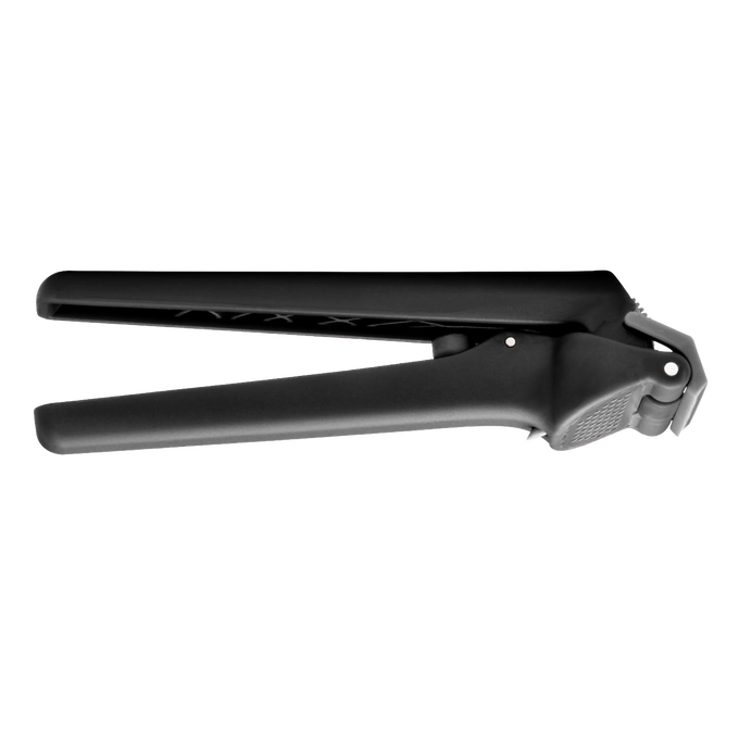 Black garlic press designed to easily mince multiple unpeeled cloves with a self-cleaning feature, ideal for Kitchen & Food, Food Prep, Choppers and Cutters, and Kitchen Gadgets collections.