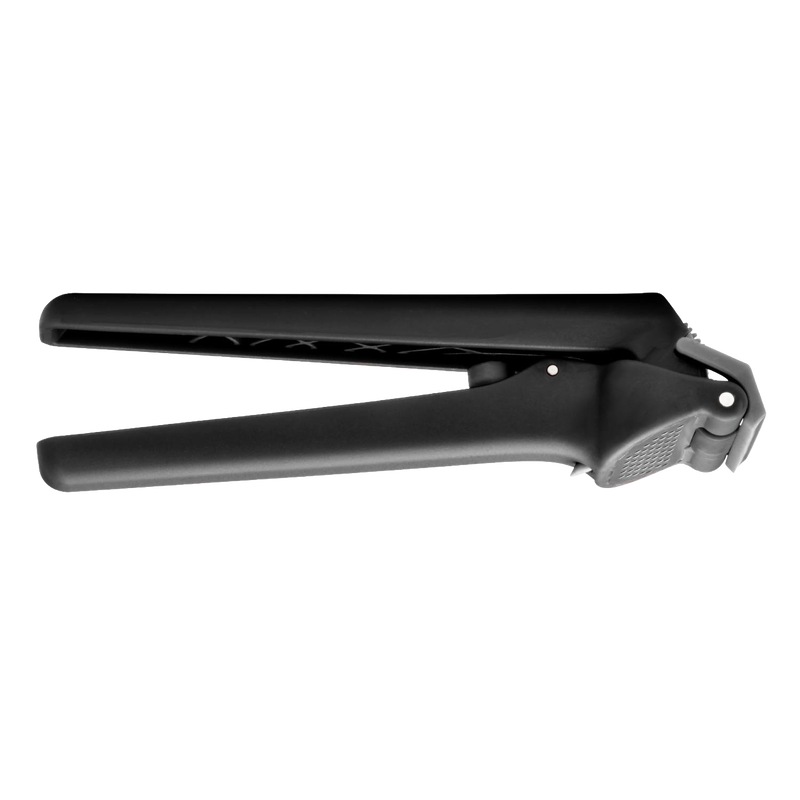 Black garlic press designed to easily mince multiple unpeeled cloves with a self-cleaning feature, ideal for Kitchen & Food, Food Prep, Choppers and Cutters, and Kitchen Gadgets collections.