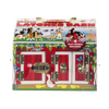 Brightly painted wooden barn toy with three hinged red doors secured by metal latches, part of children's wooden toys and best sellers collections, includes flocked farm animal figures.
