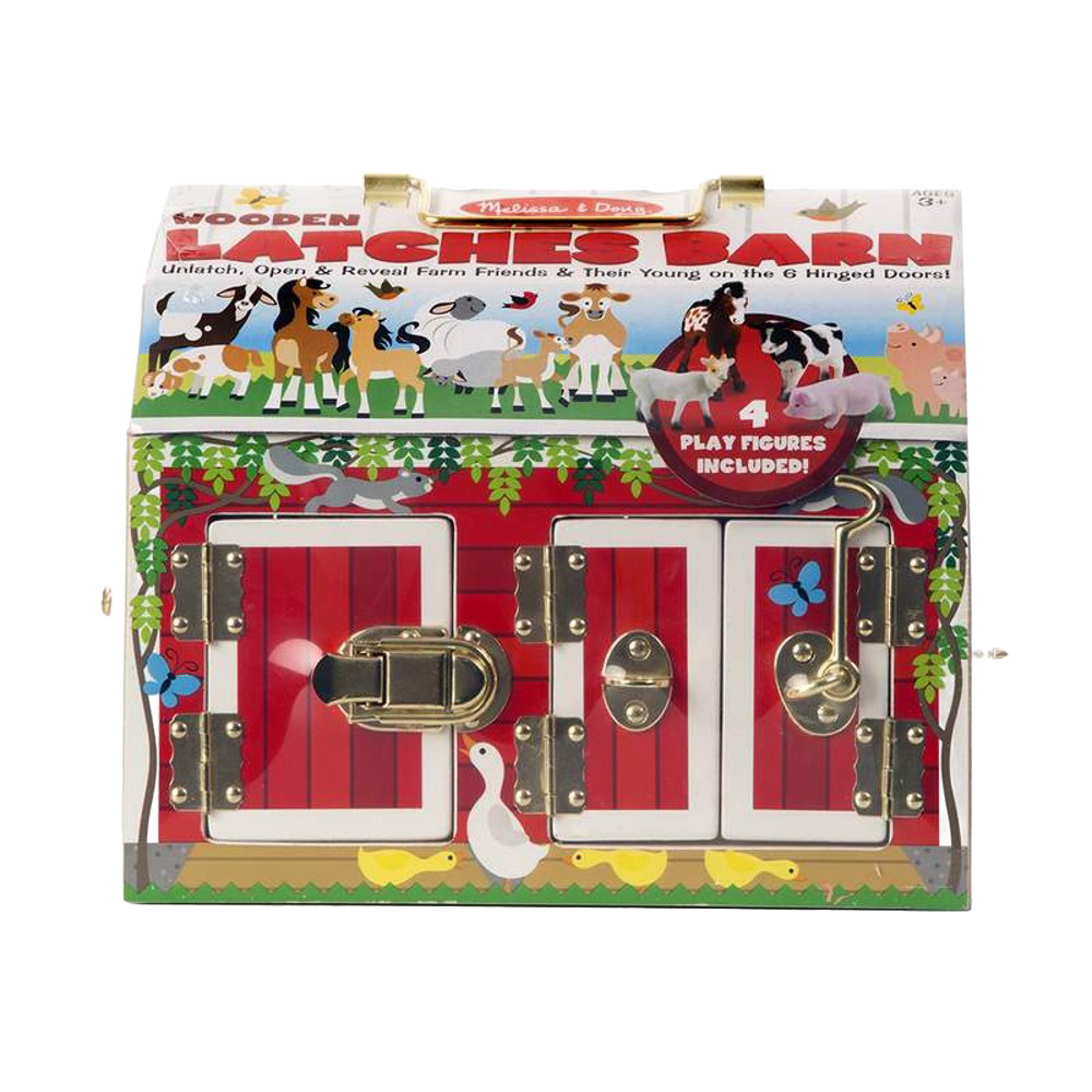 Brightly painted wooden barn toy with three hinged red doors secured by metal latches, part of children's wooden toys and best sellers collections, includes flocked farm animal figures.