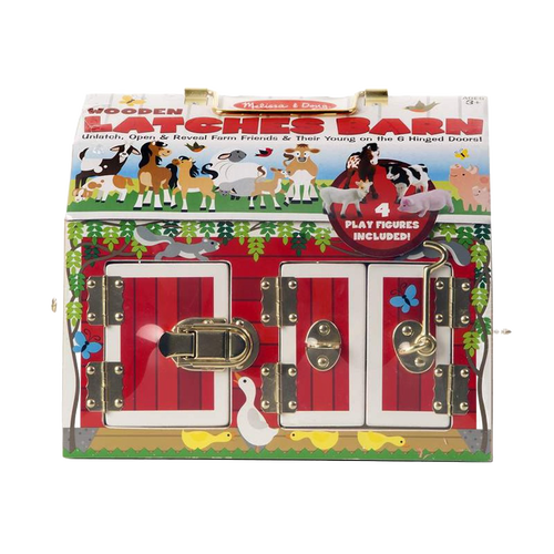 Brightly painted wooden barn toy with three hinged red doors secured by metal latches, part of children's wooden toys and best sellers collections, includes flocked farm animal figures.