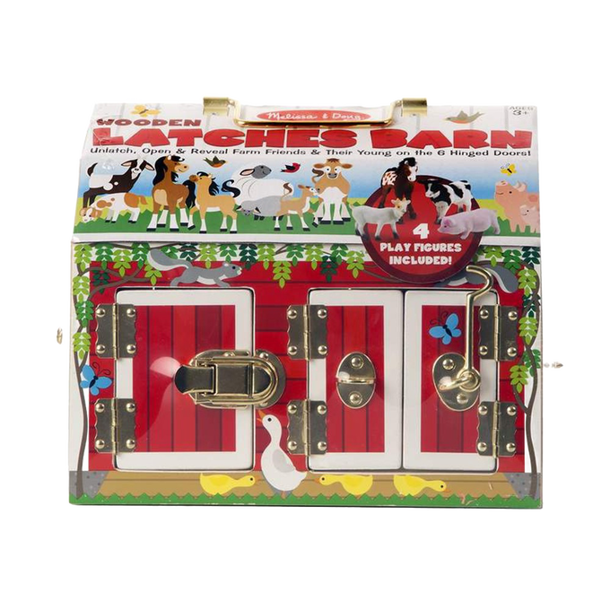 Brightly painted wooden barn toy with three hinged red doors secured by metal latches, part of children's wooden toys and best sellers collections, includes flocked farm animal figures.