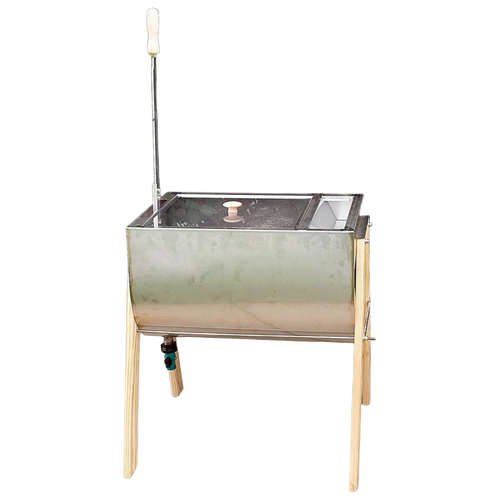 Handcrafted Amish-style washing machine with stainless steel basin, clear lid with wooden knob, wooden legs, and metal crank handle, designed for Home & Decor, Laundry Supplies, and USA Made collections.