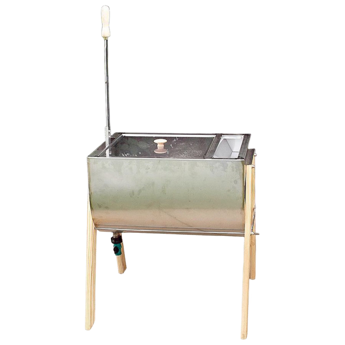 Handcrafted Amish-style washing machine with stainless steel basin, clear lid with wooden knob, wooden legs, and metal crank handle, designed for Home & Decor, Laundry Supplies, and USA Made collections.