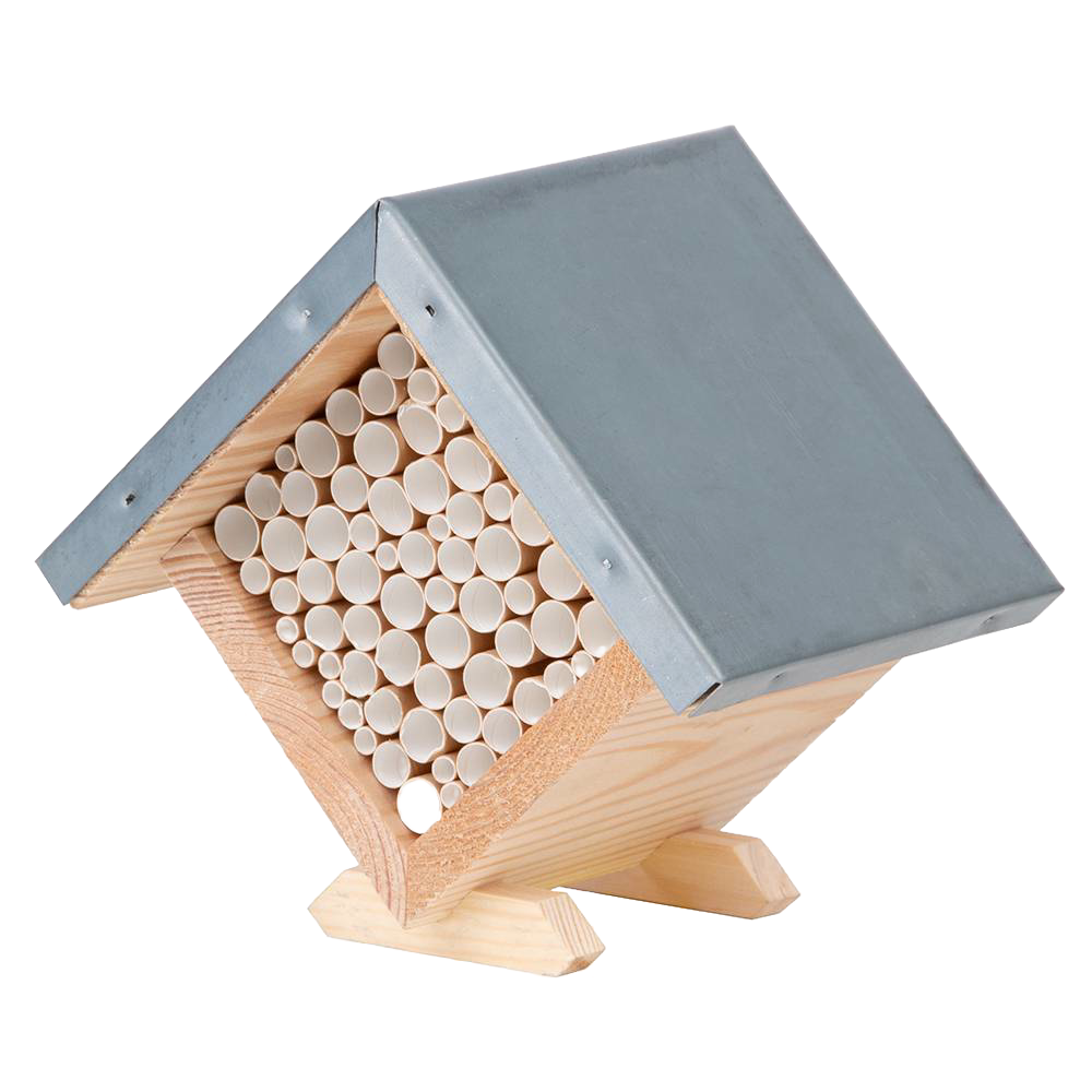 Handcrafted pine wood bee house with zinc roof and paper tubes for pollinator shelter, designed for garden use, featured in Farm, Garden & Tool, Garden Accessories, Best Sellers, and Promo Eligible collections.