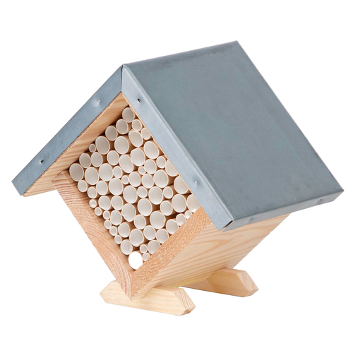 Handcrafted pine wood bee house with zinc roof and paper tubes for pollinator shelter, designed for garden use, featured in Farm, Garden & Tool, Garden Accessories, Best Sellers, and Promo Eligible collections.