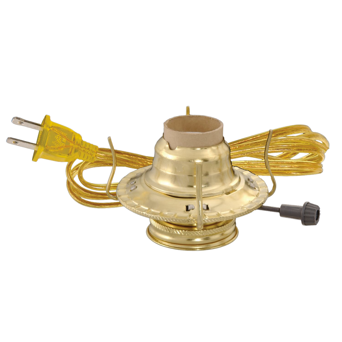 Handcrafted brass plated lamp burner with UL listed 6 ft. electrical cord, designed for lamp collars and glass chimneys, perfect for Lamps & Lighting and Electric Conversion collections.