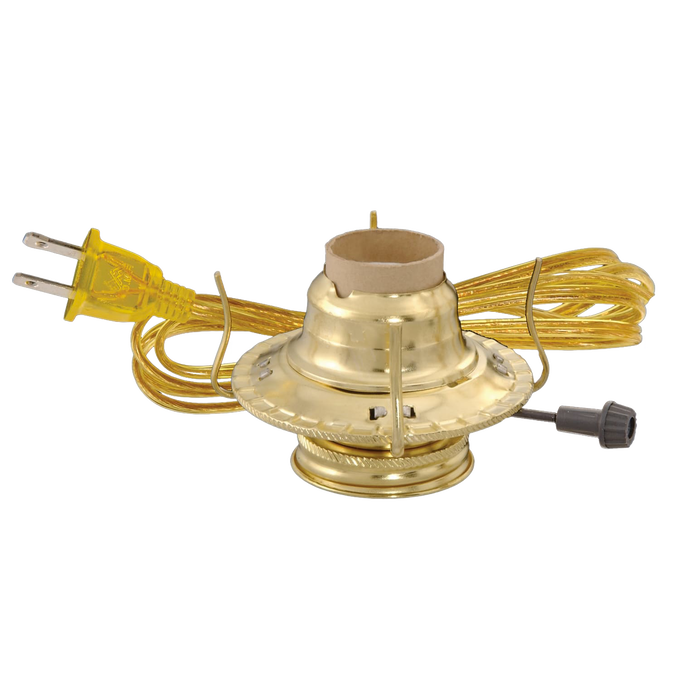Handcrafted brass plated lamp burner with UL listed 6 ft. electrical cord, designed for lamp collars and glass chimneys, perfect for Lamps & Lighting and Electric Conversion collections.