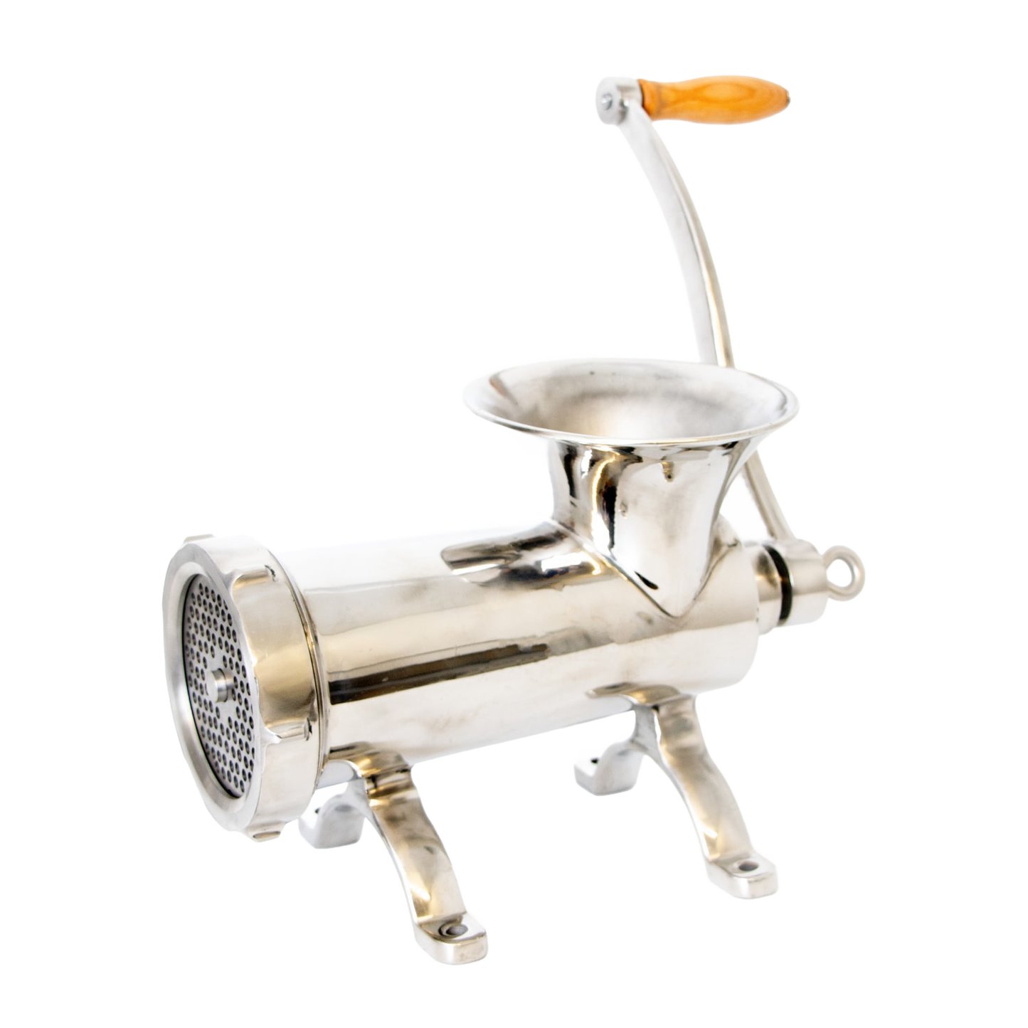 Handcrafted stainless steel mounted meat grinder with wooden handle, designed for secure attachment, featured in Kitchen & Food, Specialty Equipment, Butchering Supplies, Best Sellers, and Promo Eligible collections.