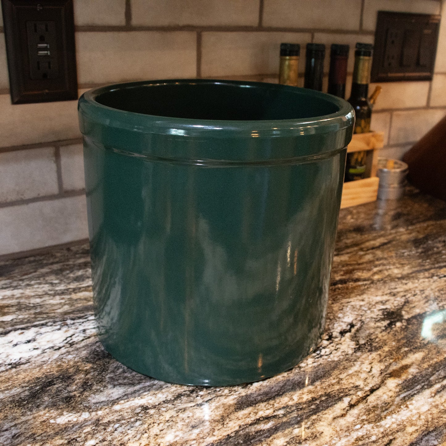 Handcrafted 2-gallon stoneware crock in deep green with a smooth, food-safe, lead-free glaze, made in USA for fermenting and kitchen use in Kitchen & Food, Food Preservation, and Best Sellers collections.