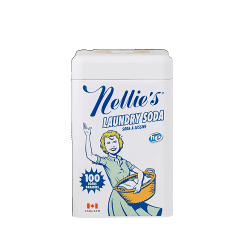 White container of Nellie's all-natural laundry soda with vintage-style illustration of a woman holding a laundry basket, clean design for Home & Decor and Laundry Supplies collections.