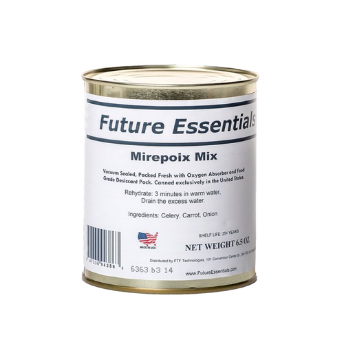 Metal can of dehydrated mirepoix mix containing celery, carrot, and onion, made in USA with over 25-year shelf life, suitable for Farm, Garden & Tool, Kitchen & Food, Emergency Supplies, and Pantry collections.