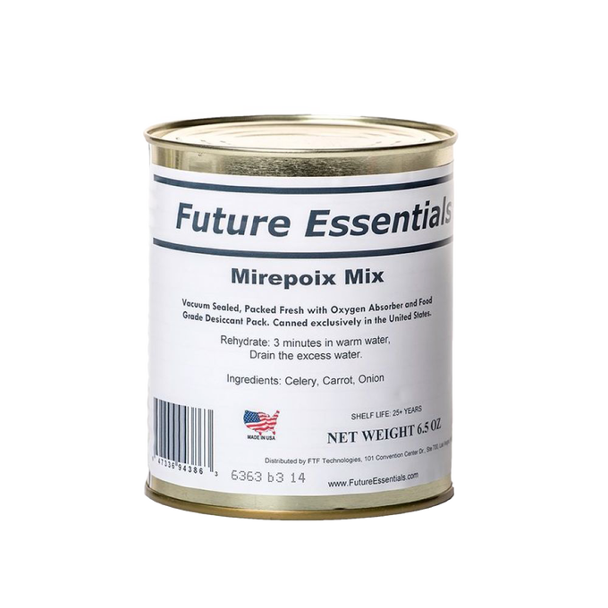 Metal can of dehydrated mirepoix mix containing celery, carrot, and onion, made in USA with over 25-year shelf life, suitable for Farm, Garden & Tool, Kitchen & Food, Emergency Supplies, and Pantry collections.
