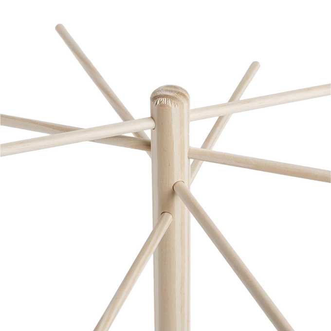 Traditional handcrafted wooden drying rack with angled arms made from eco-friendly rubberwood, ideal for drying fresh pasta in kitchen and food preservation collections.