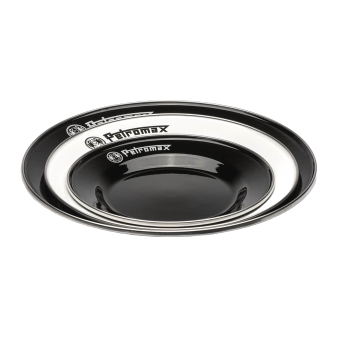 Set of durable black and white enamel plates and bowl with Petromax logo, lightweight and sturdy for camping, ideal for Farm, Garden & Tool, Kitchen & Food, Camping, Dinnerware, Best Sellers, and Promo Eligible collections.