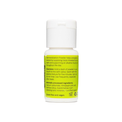Handcrafted remineralization powder in a small white bottle, made in USA, promoting healthy enamel with trace minerals, featured in Health & Wellness, Grooming and Personal Hygiene, USA Made, Best Sellers, and Promo Eligible collections.